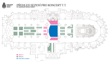 Rozmístění sezení a orchestru speciálně pro koncert 7/7 – Ondřej Valenta a orchestr Symphony Prague, dirigent Johannes Skudlik