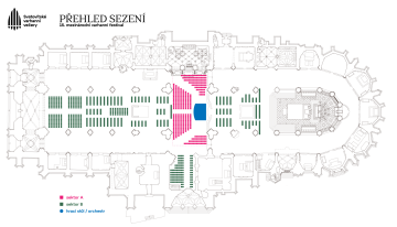 Obecné rozmístění sezení a orchestru po celou dobu konání festivalu, kromě koncertu 7/7.